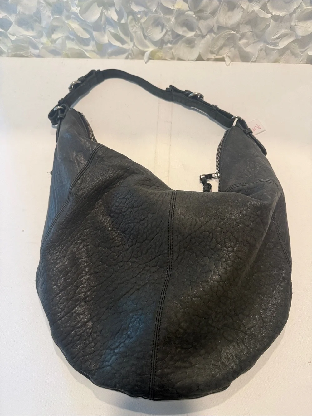 Textured Black Leather Hobo Shoulder Bag